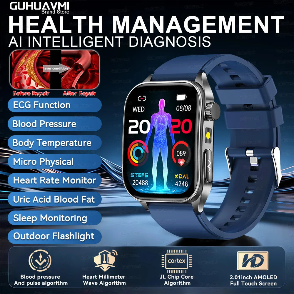 SmartWatch ECG  2026: Monitor de ECG, Terapia Láser, Control de Lípidos en Sangre y Ácido Úrico, Rastreo de Frecuencia Cardíaca y Fitness para Hombres y Mujeres