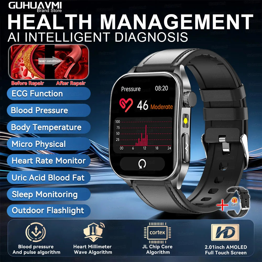 SmartWatch ECG  2026: Monitor de ECG, Terapia Láser, Control de Lípidos en Sangre y Ácido Úrico, Rastreo de Frecuencia Cardíaca y Fitness para Hombres y Mujeres