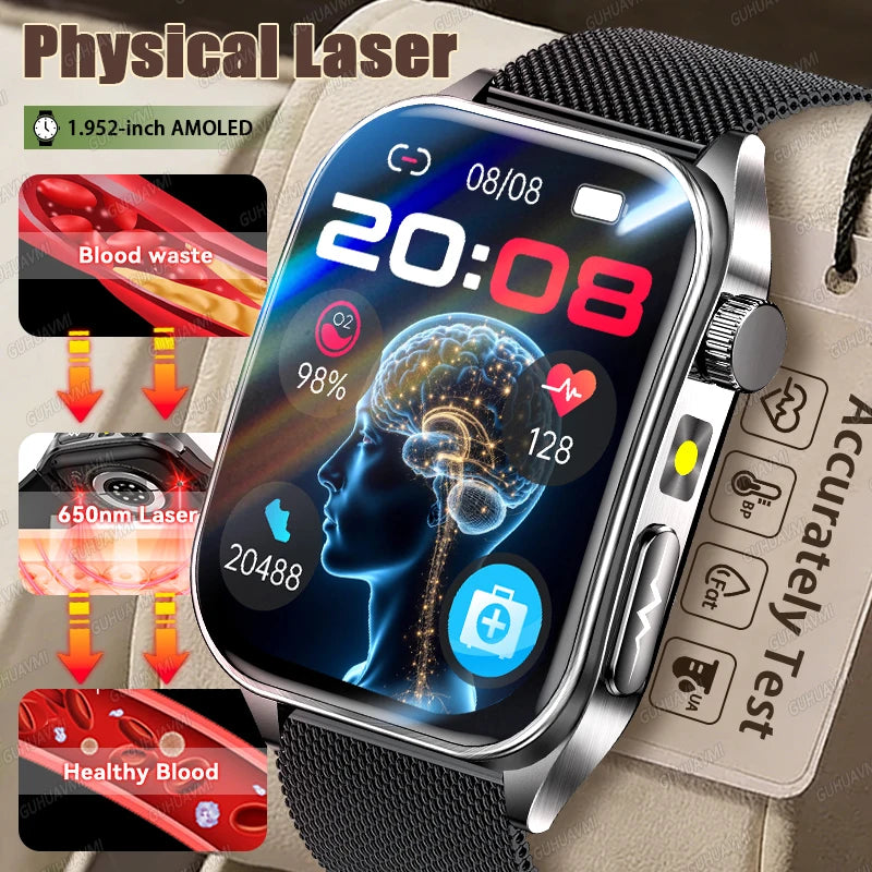 SmartWatch ECG  2026: Monitor de ECG, Terapia Láser, Control de Lípidos en Sangre y Ácido Úrico, Rastreo de Frecuencia Cardíaca y Fitness para Hombres y Mujeres