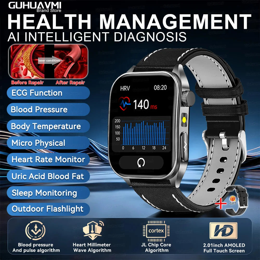 SmartWatch ECG  2026: Monitor de ECG, Terapia Láser, Control de Lípidos en Sangre y Ácido Úrico, Rastreo de Frecuencia Cardíaca y Fitness para Hombres y Mujeres