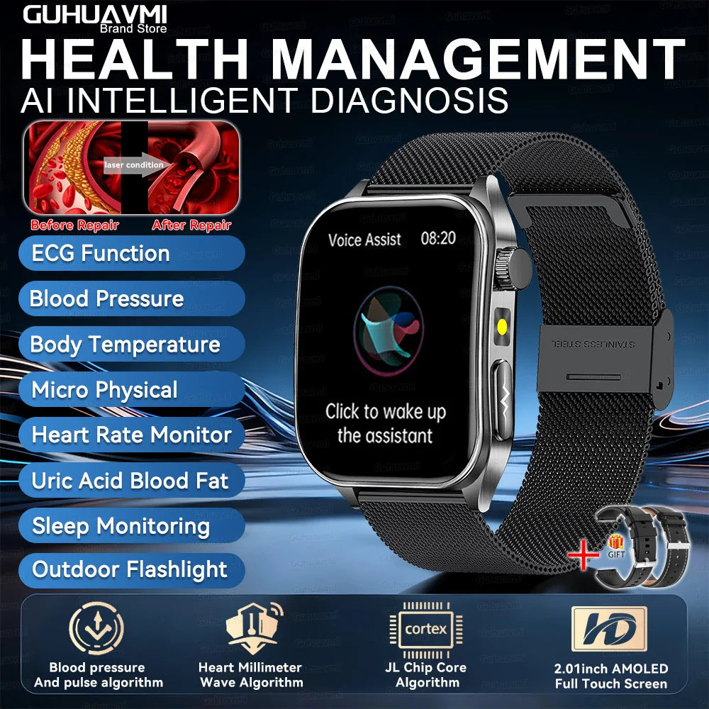 SmartWatch ECG  2026: Monitor de ECG, Terapia Láser, Control de Lípidos en Sangre y Ácido Úrico, Rastreo de Frecuencia Cardíaca y Fitness para Hombres y Mujeres