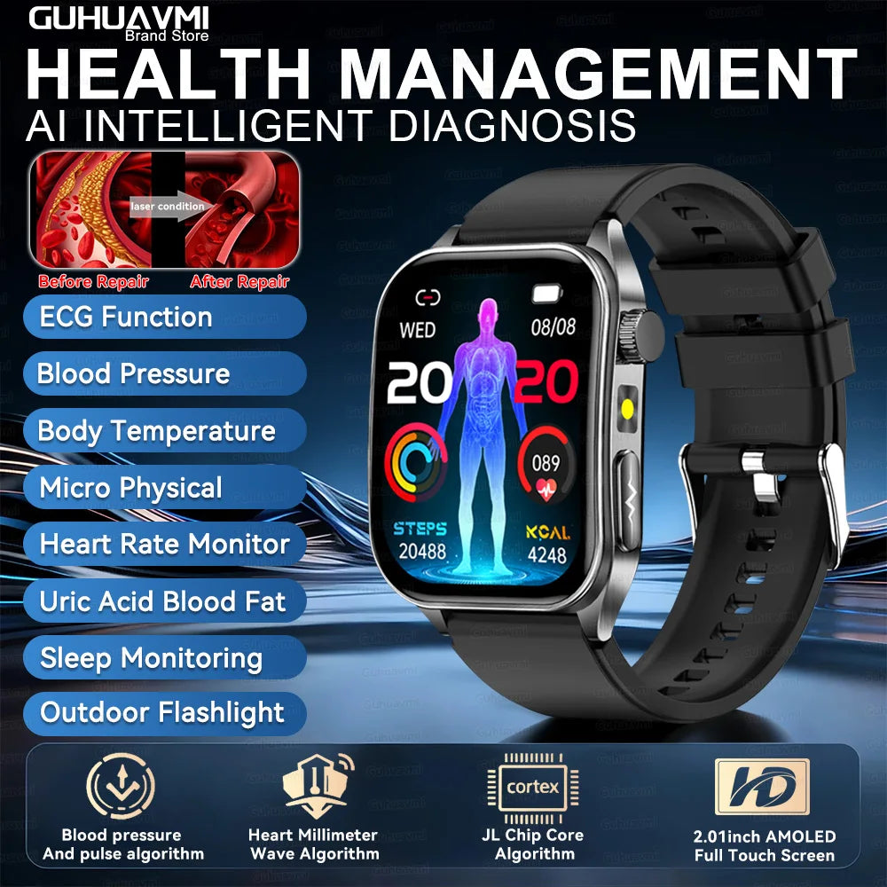 SmartWatch ECG  2026: Monitor de ECG, Terapia Láser, Control de Lípidos en Sangre y Ácido Úrico, Rastreo de Frecuencia Cardíaca y Fitness para Hombres y Mujeres