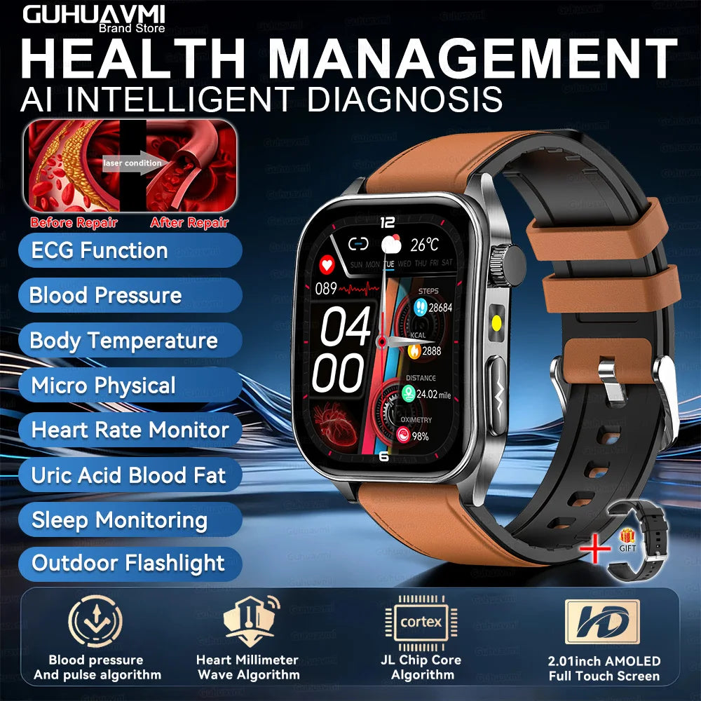 SmartWatch ECG  2026: Monitor de ECG, Terapia Láser, Control de Lípidos en Sangre y Ácido Úrico, Rastreo de Frecuencia Cardíaca y Fitness para Hombres y Mujeres
